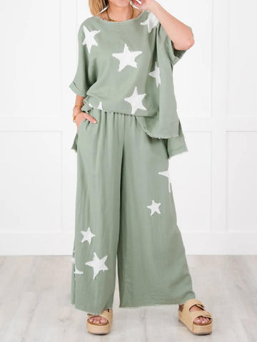 Women's Short Sleeve Top And Wide Leg Pant Set With Star Patch Detail