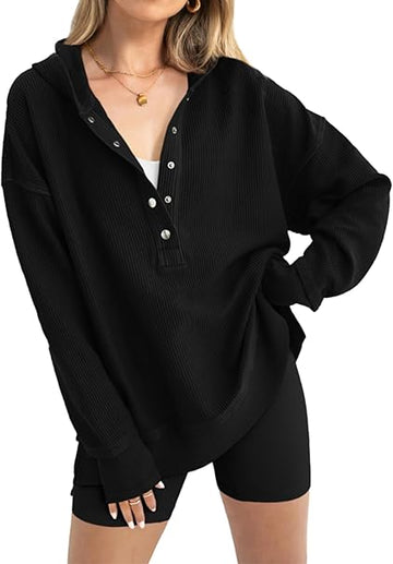 Long Sleeve Hoodie Oversized Button Up V Neck Sweatshirt Side Slit Casual Pullover