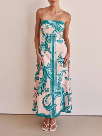 Stylish Strapless Print Halter Dress