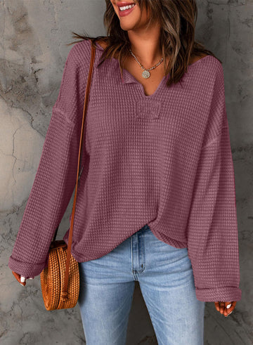 Trendy Women's Oversized Casual V Neck Waffle Knit Tunic Top