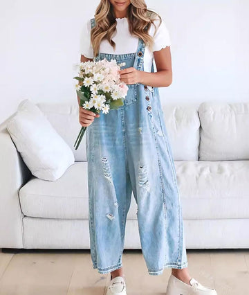 Loose Fit Adjustable Strap Distressed Denim Bib Overalls