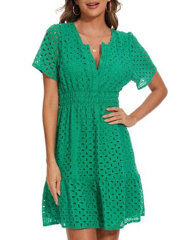Women Eyelet Lace Dress Casual V Neck Mini A Line Hollow Out Embroidered Formal Dress
