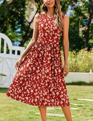 Women's Summer Casual Floral T-Shirt Midi Dress with Pockets