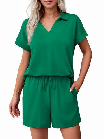 Short Sleeve Sweatshirt V-neck Tops and Drawstring Shorts Outfits Tracksuit