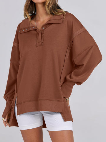 Women's Oversized High Low Split Button Up Henley Pullover Top
