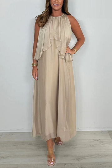 Silk Mix Sleeveless Tie Neck Waterfall Maxi Dress