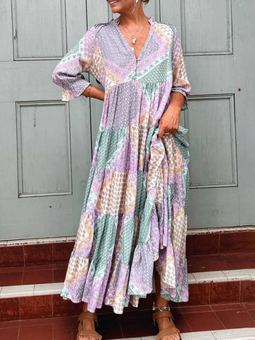V-neck Bohemian Print Color Blocking Dress