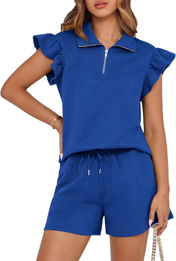 Wome's Casual Zipper V Neck Ruffle Shorts Sets