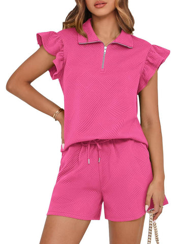 Zipper V Neck Casual Ruffle Short Sleeve Tops and Drawstring Shorts 2 Piece