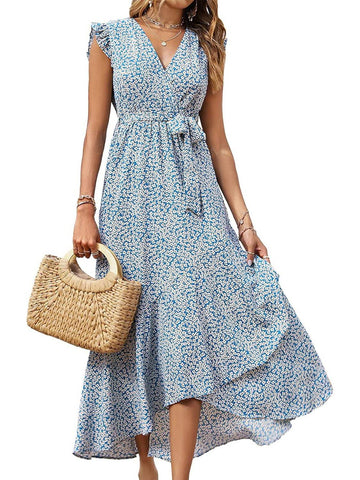 Women Summer Ruffle Sleeve V Neck Belt Wrap Floral Maxi Dresses