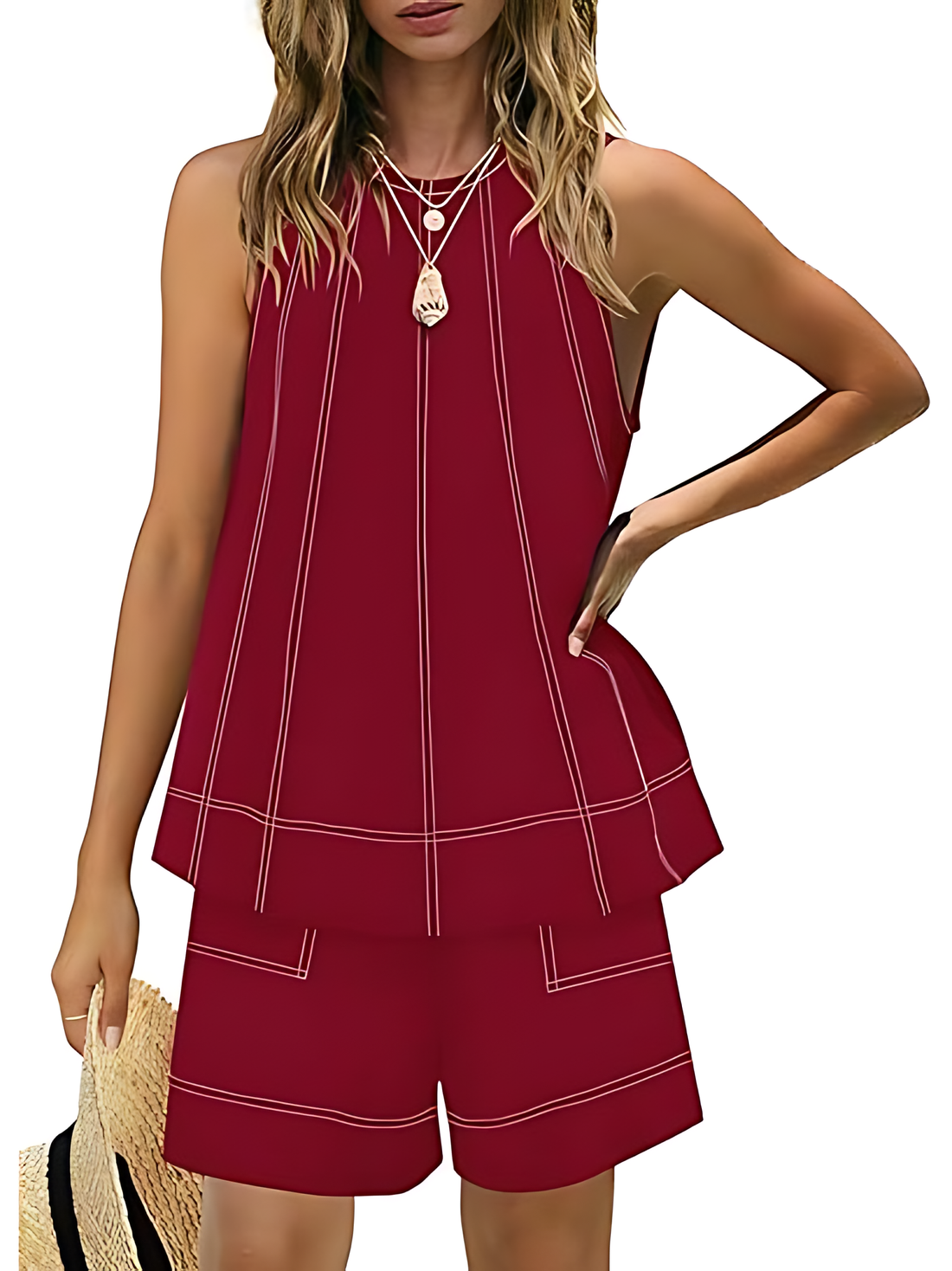 Women's Stitching Tank Tops and High Waist Shorts Set