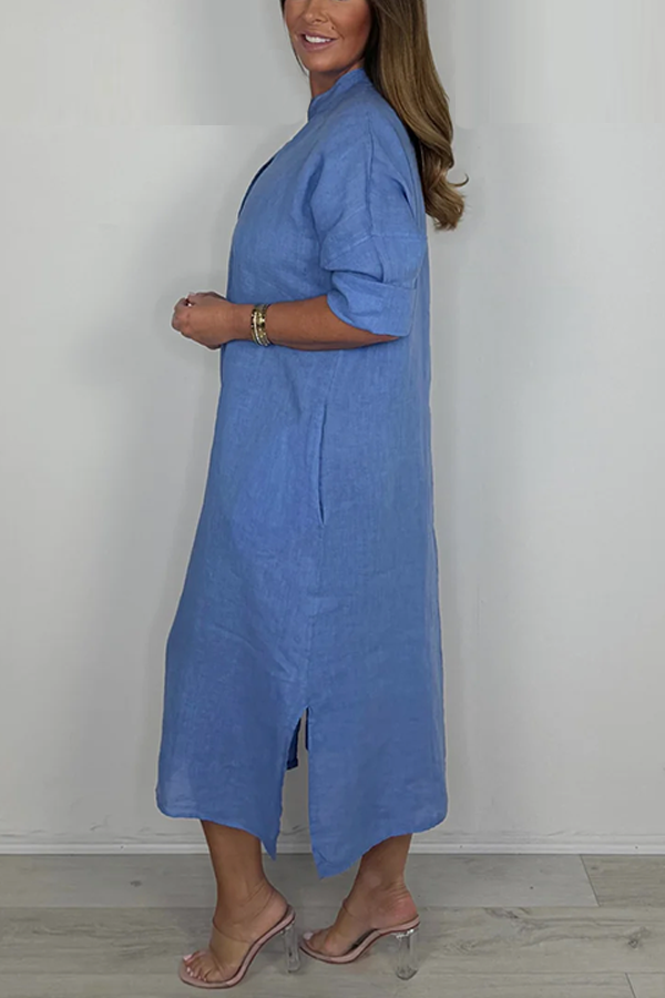 Linen Short Sleeve Maxi Dress With Pockets