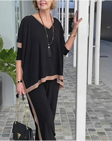 V Neck Patchwork 3/4 Sleeve Two Piece Suit