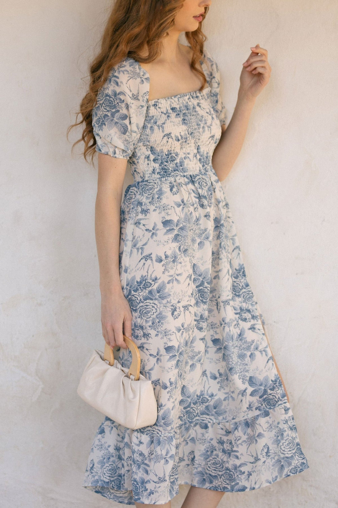 Light Blue Floral Print Short Sleeve Smocked Midi Dress