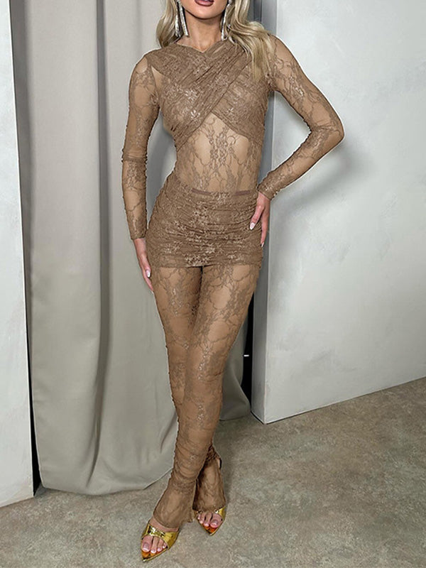 Lace See-Through Jumpsuit & Skirt Two-Piece Set