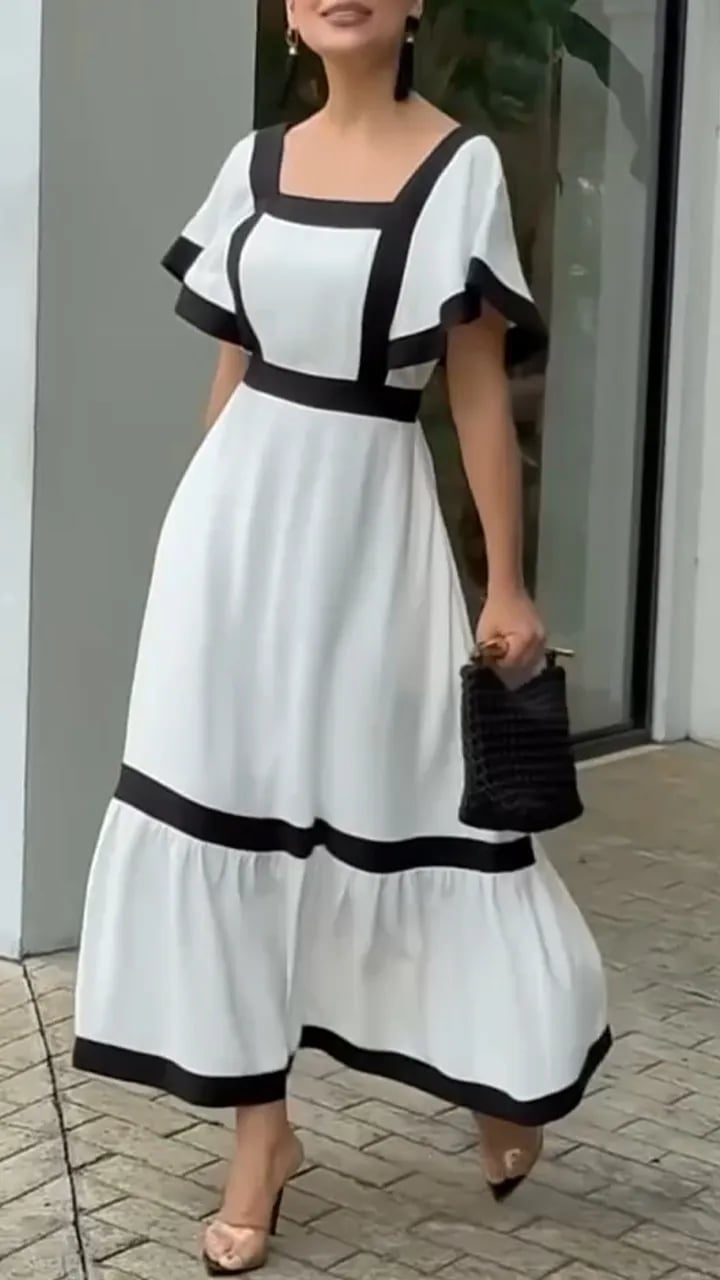 Ladies' Square Collar Striped Patchwork Casual Dress