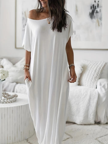 Women's Oversized Solid Slant Shoulder Pocket Dress