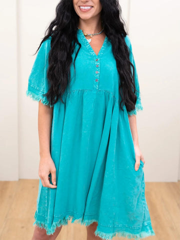 Women's Soft Raw Hem Casual Dress with Button Neck