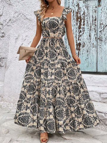 All-over Print Suspender Ruffle Trim Top & Skirt Casual Vacation Set