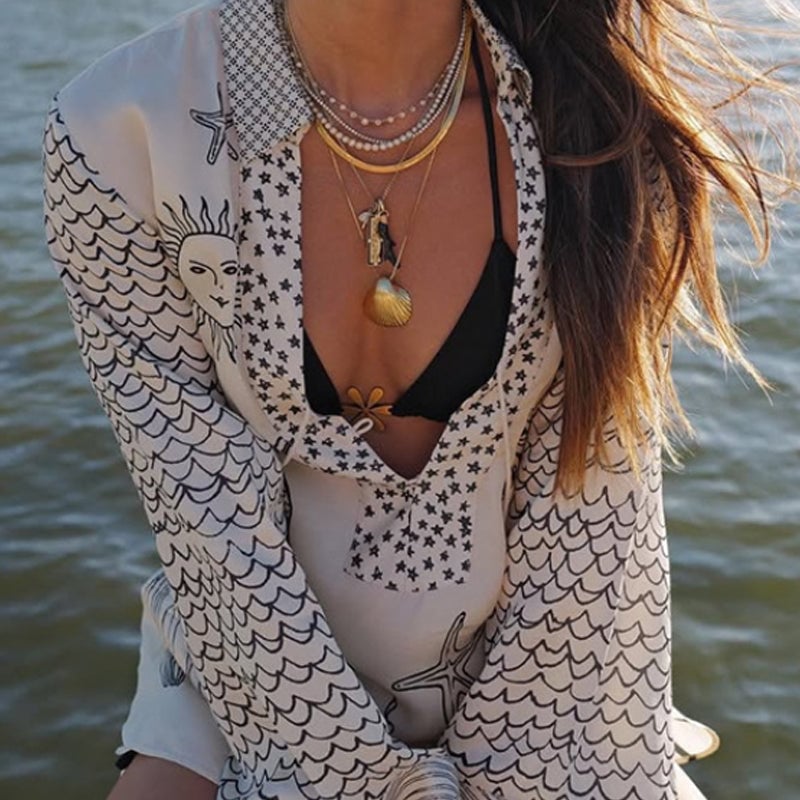 Satin Unique Print Tassle Shirt and Elastic Waist Shorts Set