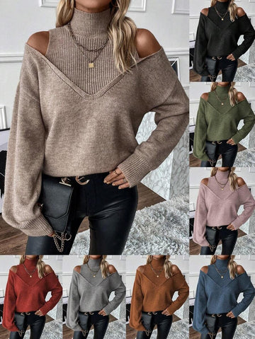 ⏰Hot Sale-Women's Turtleneck Cold Shoulder 2 In 1 Sweater