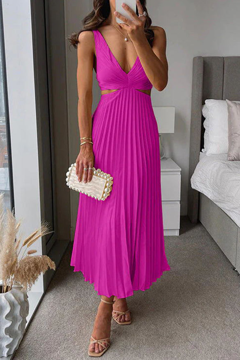 Pleated Cutout Waist Loose Midi Dress
