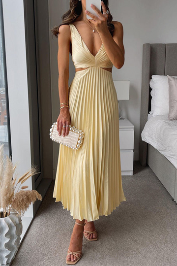 Pleated Cutout Waist Loose Midi Dress