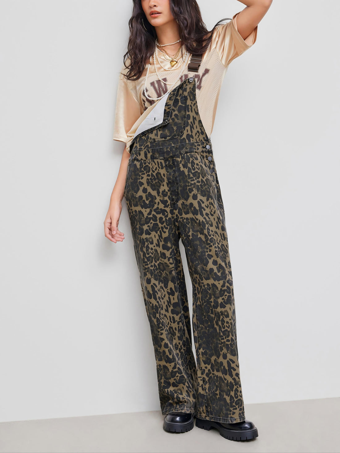 Leopard Pocket Buckle Up Wide Leg Oversized Jumpsuit
