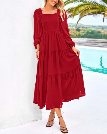 Women's Square Neck Puff Long Sleeve Smocked Tiered Flowy Maxi Dress