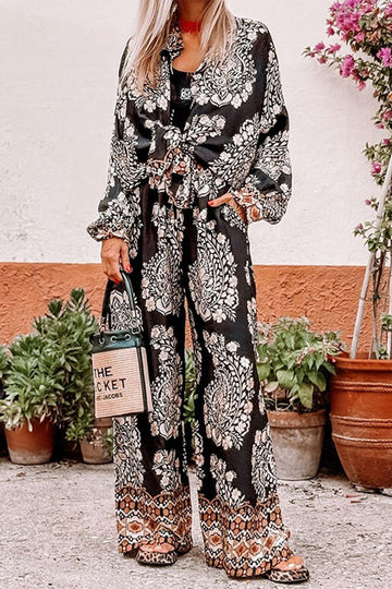 Floral Print Pocket Buttons Turndown Collar Long Sleeve Two Pieces
