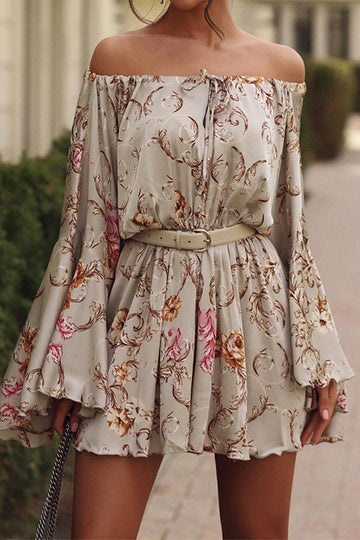 Lace Up Off Shoulder Printed Dresses(No Waist Belt)