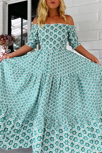 Geometric Print Contrast Off Shoulder Short Sleeve Short Sleeve Dress
