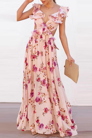 Floral Print Lace Up Chains Ruffle V Neck Long Dresses