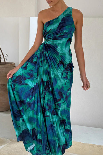 Ombre Print Pleated Sloping Shoulder Pleated Dresses