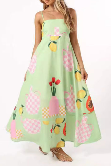 Graffiti Print Contrast Square Neck Long Dresses