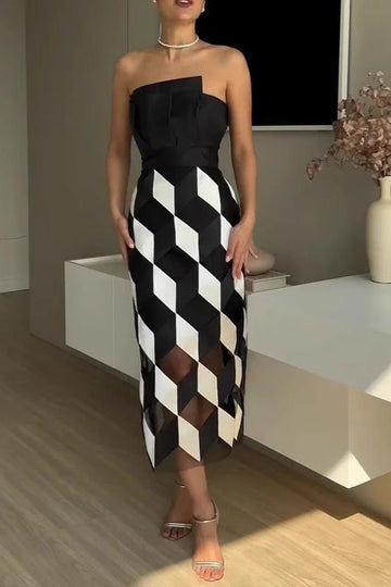 Plaid Patchwork Irregular Contrast Strapless Dresses
