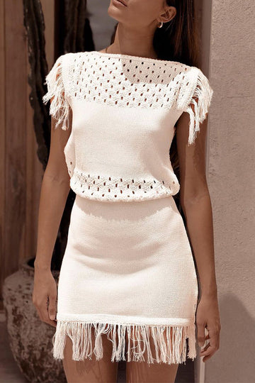 Hollow Out Tassel O Neck Sweater Dress Dresses