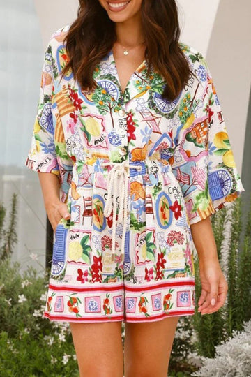 Graffiti Print Draw String Contrast Turn-back Collar Loose Rompers