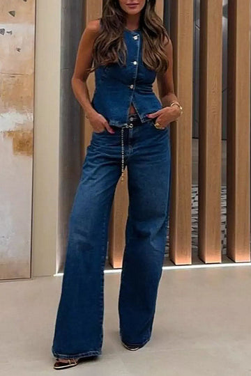 Casual Buttons O Neck Sleeveless Two Pieces