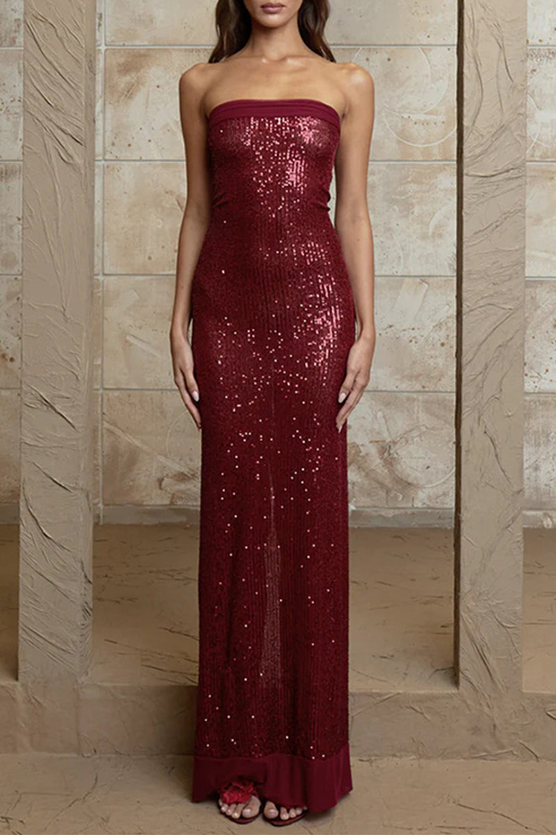 Sexy Sequins Slit Sequined Strapless Long Dresses