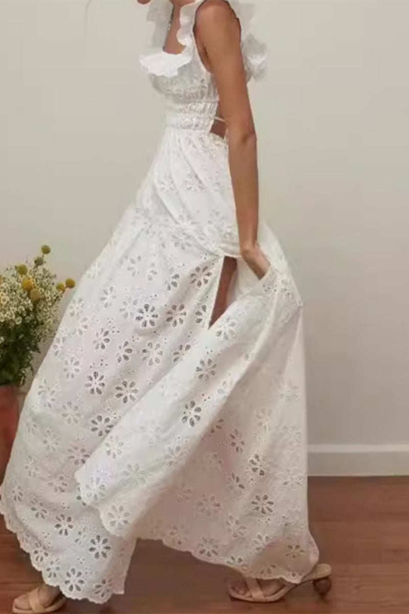 Lace Up Backless Slit U Neck Sleeveless Dresses