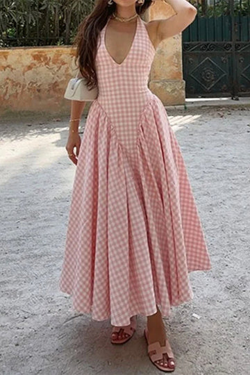 Plaid Lace Up Backless Contrast Halter Sleeveless Dresses