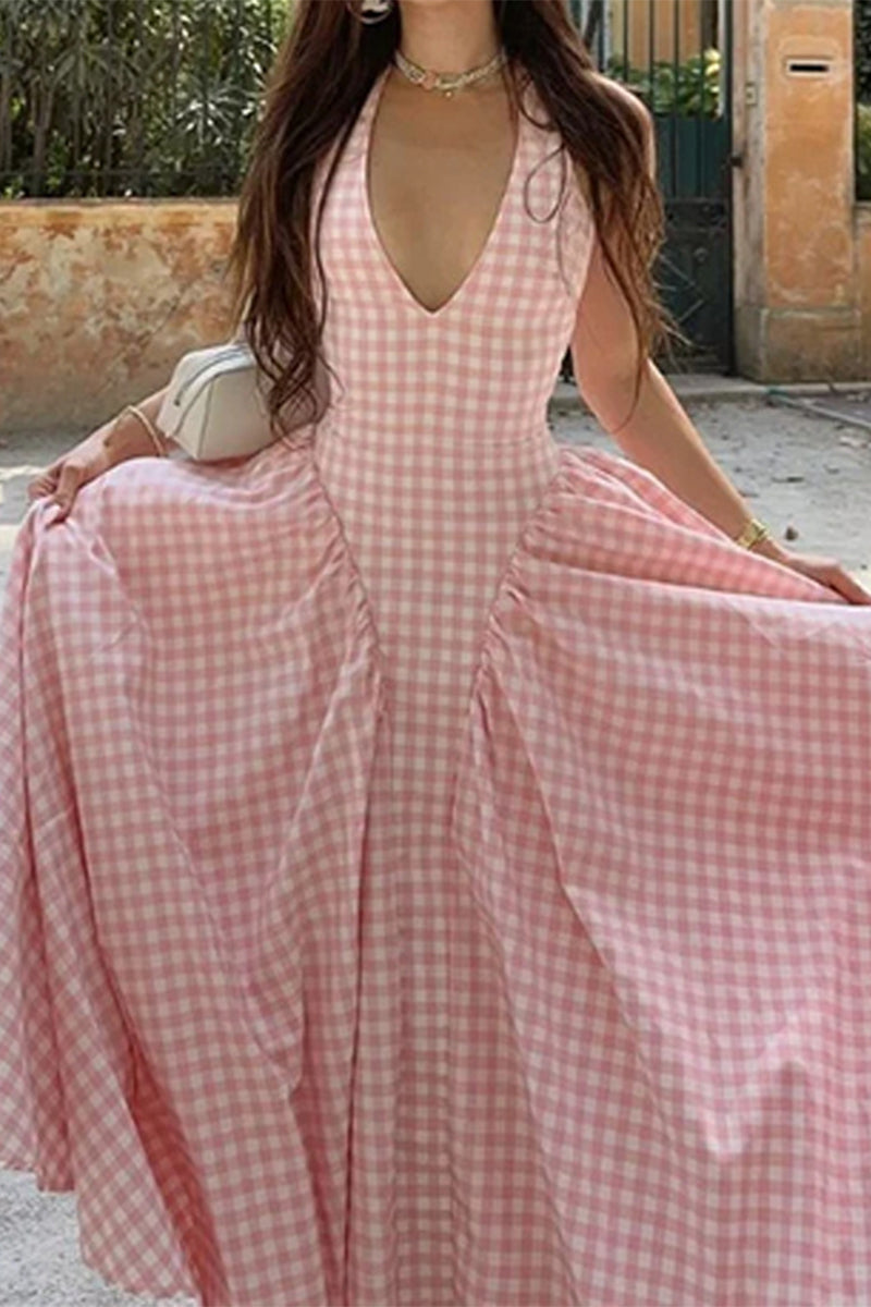 Plaid Lace Up Backless Contrast Halter Sleeveless Dresses