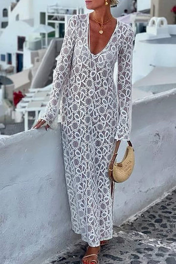 Lace Up See-Through Slit V Neck Long Sleeve Dresses