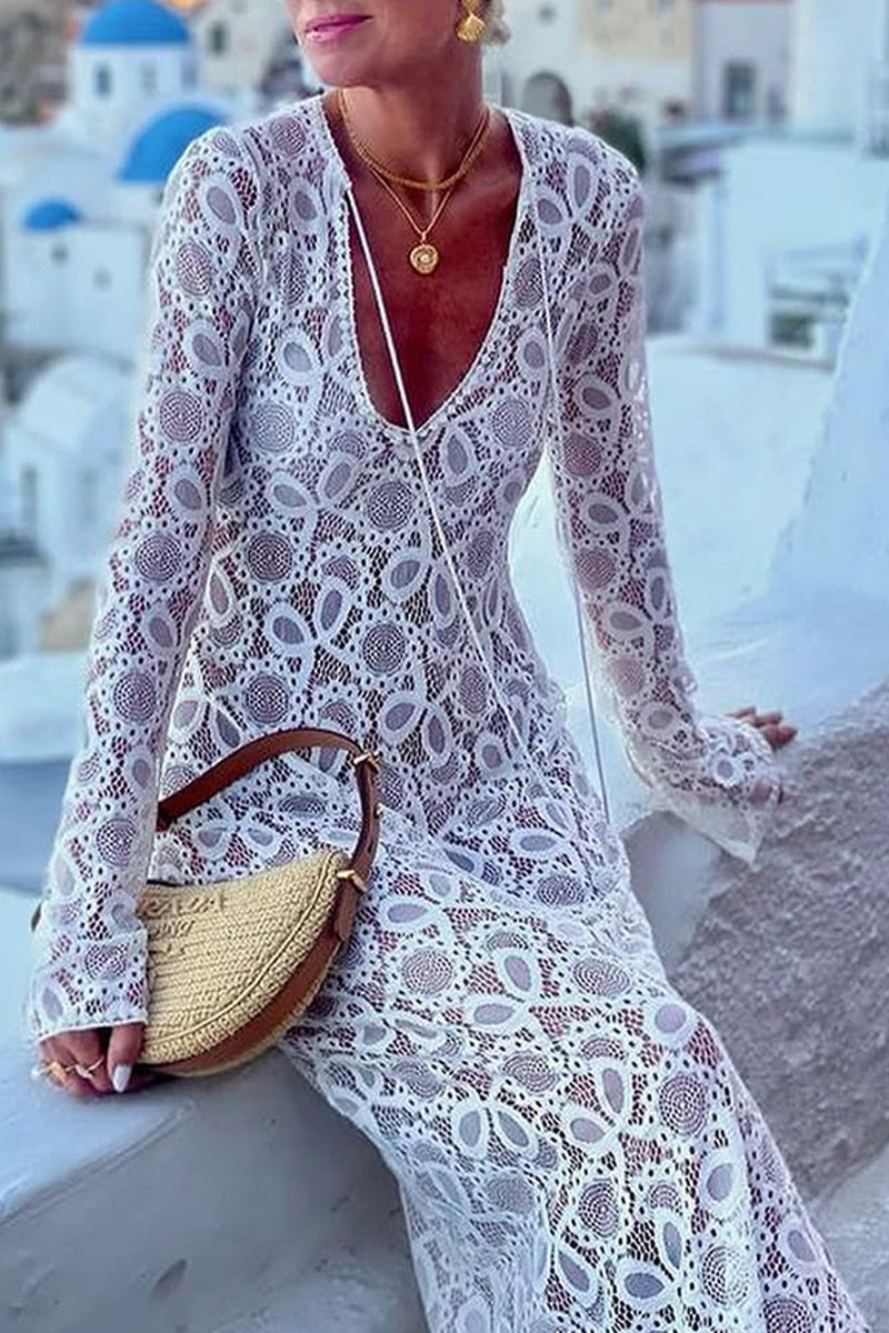 Lace Up See-Through Slit V Neck Long Sleeve Dresses