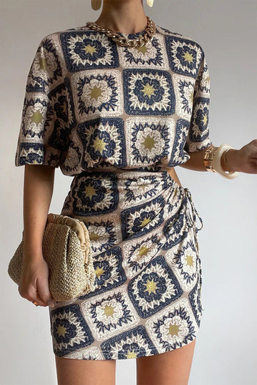 Geometric Print Draw String O Neck Short Sleeve Dress