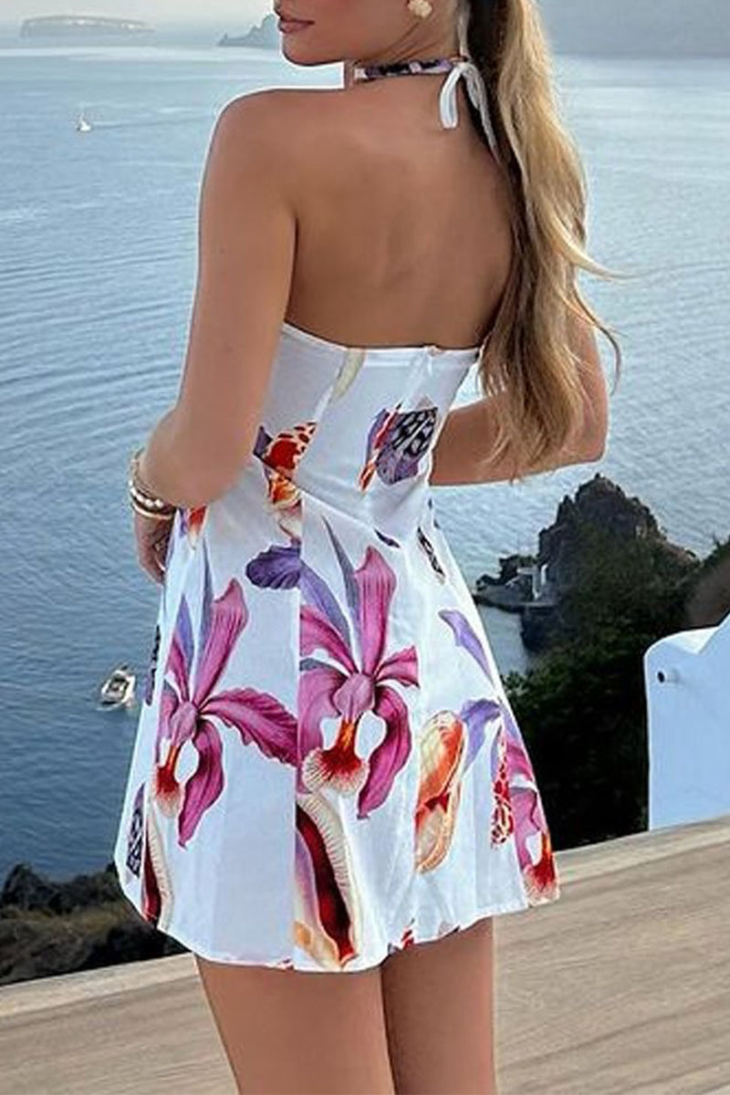 Graffiti Print Patchwork Contrast Halter Printed Dresses