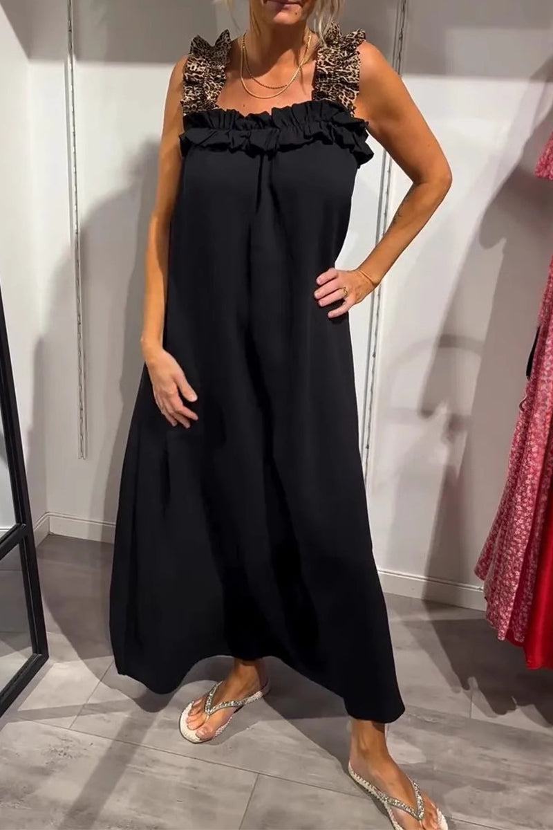 Leopard Pocket Patchwork Flounce Square Neck Long Dresses