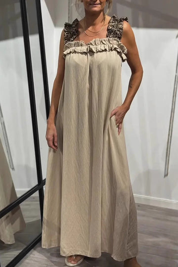 Leopard Pocket Patchwork Flounce Square Neck Long Dresses