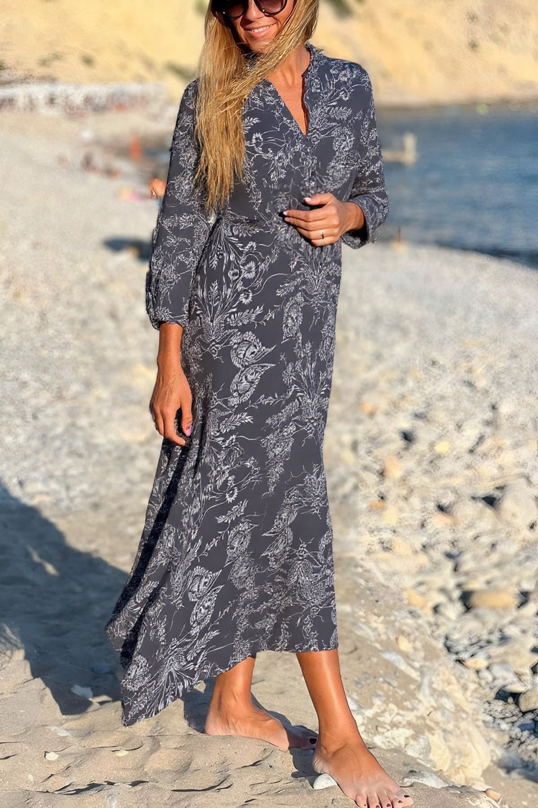 Loose Black Printed Long Sleeve Maixi Dress